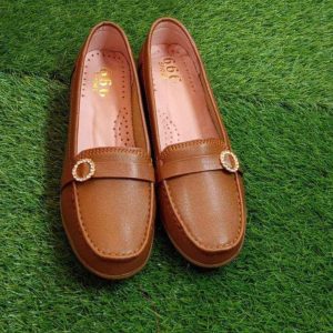 Brown PVC Loafers Round Toe Gold Accents Flat Sole