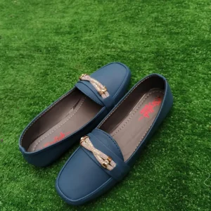 Blue Women’s Synthetic Leather Loafers with Sparkly Buckle
