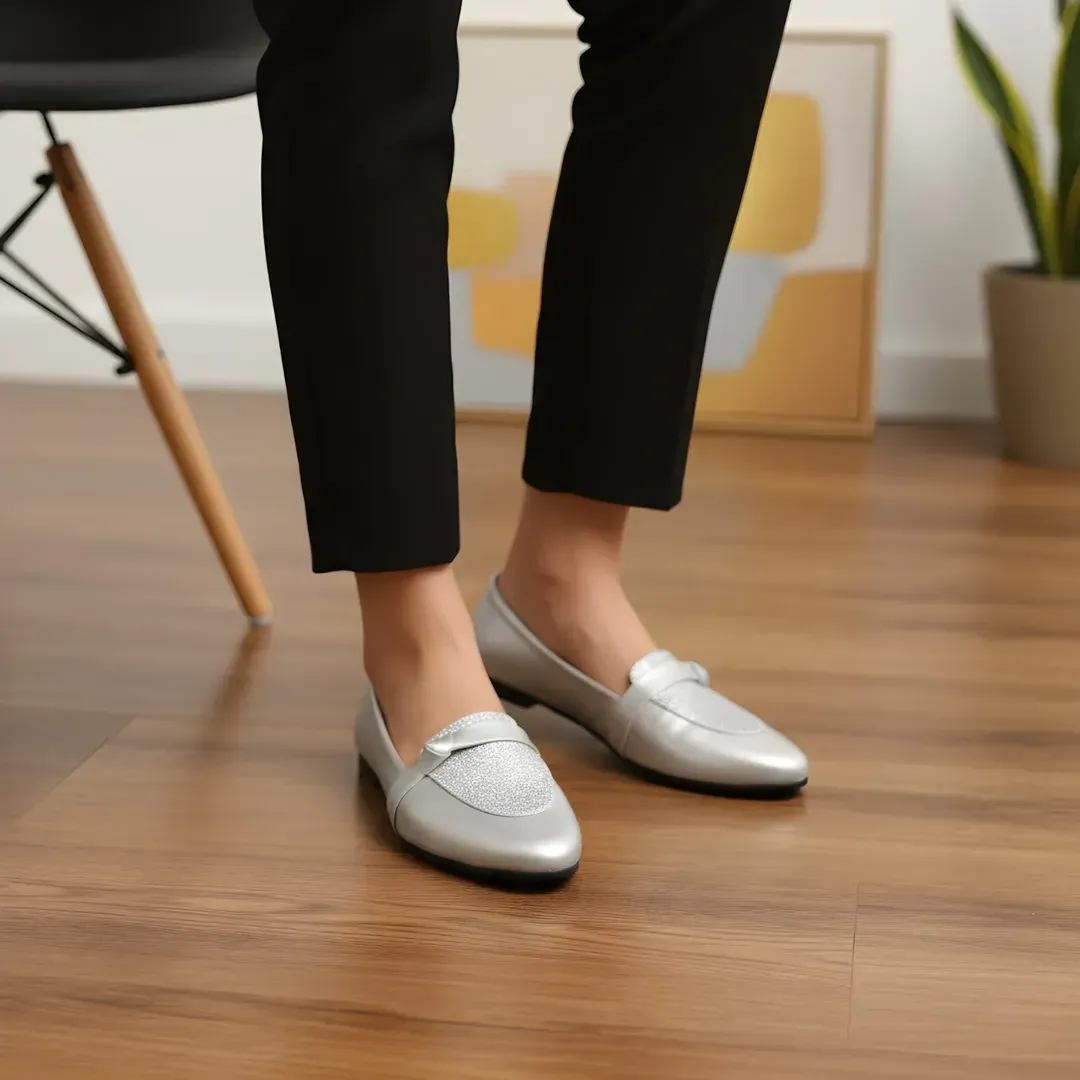 Silver Women's Loafers with Flat sole - Image 2
