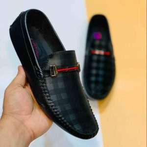 Men’s Black Checkered Rexine Loafers with Buckle & Red Gold Accents